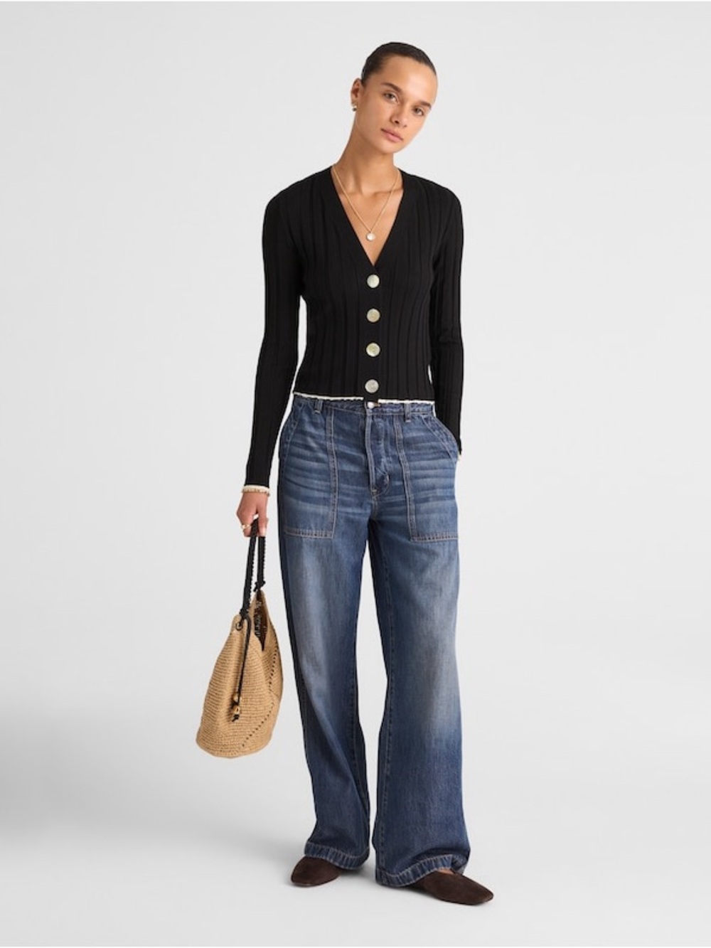 Madewell Tipped Merino Wool Silk Ribbed Cardigan Navy Medium - Picture 5 of 14